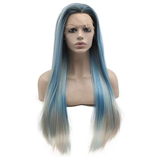 Peakia Long Straight Black Blue Gray Ombre Half Hand Tied Synthetic Lace Front Wig