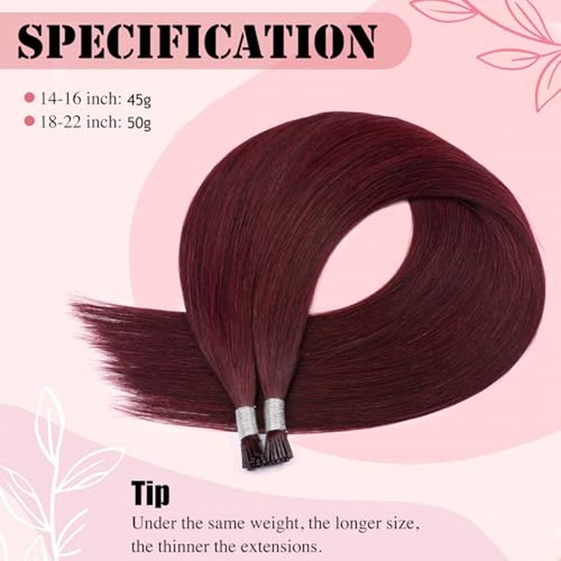 Senmy Burgundy Red I Tip Hair Extensions 20inch Cold Fushion I Tip Hair Extensions Human Hair, 50g Invisible Microbead Extensions Human Hair