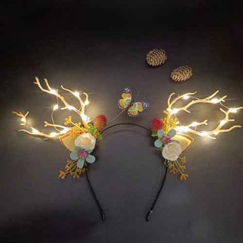 LED Christmas Headband Light up Deer Antlers Headpiece Reindeer Ears Headbands Holiday Headpiece Xmas Hair Accessories (Warm white light)