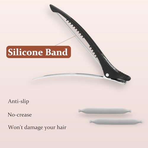 AIMIKE 6pcs Professional Hair Clips for Styling Sectioning, Non Slip No-Trace Duck Billed Hair Clips with Silicone Band, Salon and Home Hair Cutting Clips for Hairdresser, Women, Men - Black 4.3¡± Long