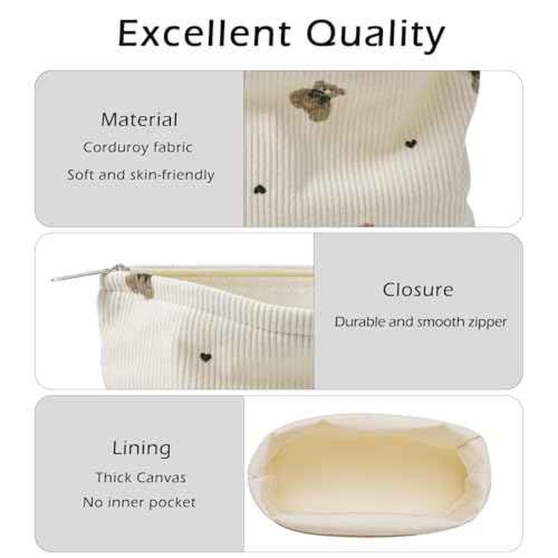 Corduroy Travel Makeup Bag with Bear Pattern, Cosmetic Bag for Purse Organizer, Toiletry Bag with Zipper For Women Travel Essentials(02Beige)