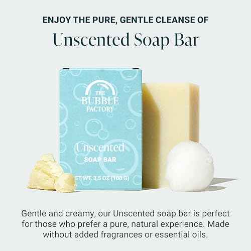 The Bubble Factory Handmade Natural Bath & Body Soap Bar, Vegan, All-Natural, Palm Oil Free, Made in USA with Shea Butter + Essential Oils, Unscented, 3 Bars