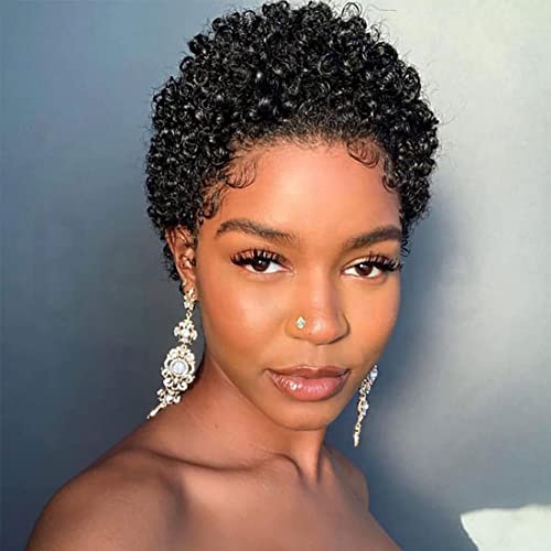 Star Flower Short Curly Wigs Human Hair Afro Kinky Curly Wig Pixie Cut Wig Human Hair 150% Density None Lace Front Black Wigs