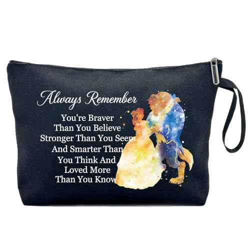 You Are Braver Stronger Funny Canvas Zipper Makeup Bag, Travel Accessories Storage Toiletries Bag, Beauty Beast Inspired Gifts, Gifts for Beauty Beast Movie Fans Sister Friend Daughter