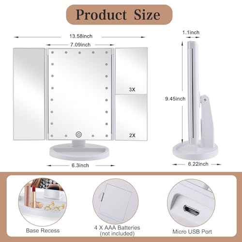 Trifold Makeup Mirror Vanity Mirror with Lights,1X 2X 3X Magnification,Touch Screen,180 Adjustable Rotation,Portable Travel Bathroom Cosmetic Mirror