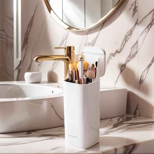 Makeup Brush Holder Organizer, One Touch for Open, Dustproof Make Up Organizer with Lid for Vanity Bathroom Countertop,White
