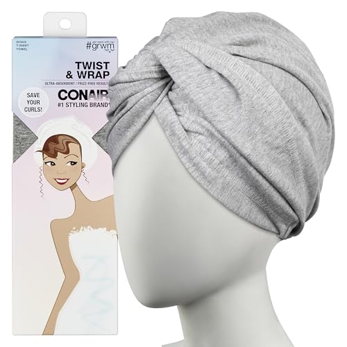 CONAIR Cotton Twist & Wrap Hair Towel, Fast Drying Ultra-Absorbent Hair Plop for All Types and Lengths, Turban-Style Cotton Towel Helps Maintain Natural Curl Style, Gray