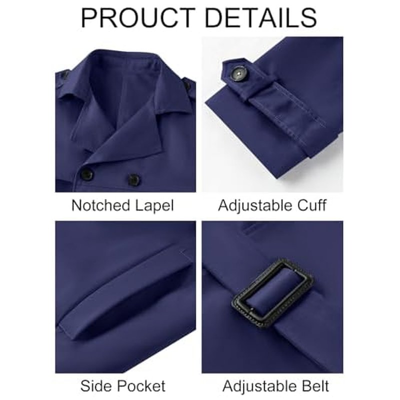 Pretifeel Mens Trench Coat Slim Fit Double Breasted Long Jacket Notched Lapel Belt Fall Windproof Coat