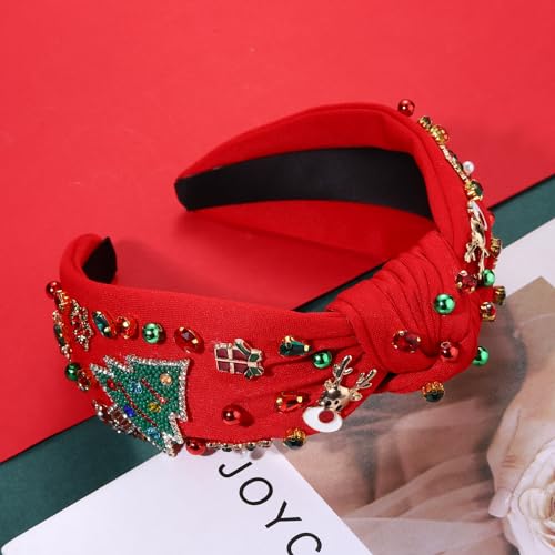 Jeweled Plaid Embellished Crystal Pearl Knotted Wide Top Knot Headband for Women - Holiday Hair Accessory Gift (Big Xmas Tree 4)