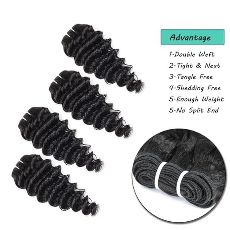 Deep Wave Human Hair bundles 14 Inch 12A Grade Brazilian Human Hair 100% Virgin Weave Bundles Human Hair for Black Women (14'' 14'' 14'' 14'')