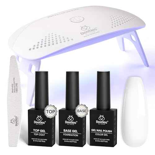 Beetles White Gel Nail Polish Kit with U V Light, 5 Pcs Gel Polish Starter Kit with Base & Top Coat and Nail File for Beginners Soak Off White DIY Art Set Manicure Gifts for Women Girls Teens