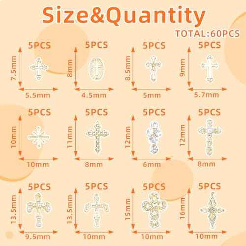 60 Pcs Gold Coss Nail Charms, 12 Styles 3D Cross Gold Nail Charms Crosses Star Nail Charm and Gems, Mixed Crosses Golden Charm for Acrylic Nails Y2K DIY Accessories