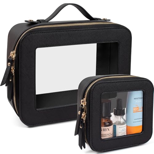 LETGO Clear Makeup Bags Set - TSA Approved Toiletry Bag with Handle Large Opening, Clear Toiletry Bags Case Pouch for Traveling Travel Car Orangizer Storage Essentials (Mini+Large Black)