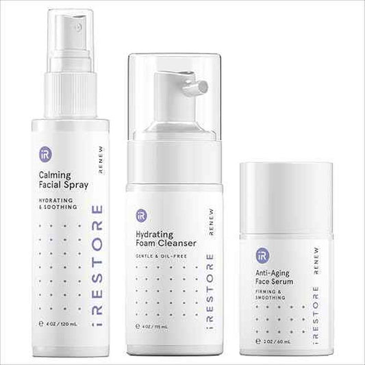 iRESTORE 3-Step Skincare Set Red Light Therapy Essentials Kit, Renew Trio Includes Hydrating Cleanser + Facial Spray + Anti-Aging Face Serum Works Best with iRESTORE Red Light Therapy Mask
