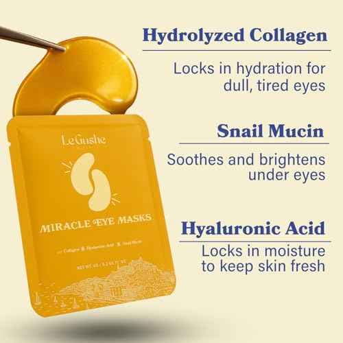 LE GUSHE Gold Under Eye Patches for Puffy Eyes and Dark Circles (30 Pairs) - Hydrating Collagen Under Eye Masks with Snail Mucin - Soothing Puffy Eyes Treatment for Women & Men - Bridesmaid Gifts