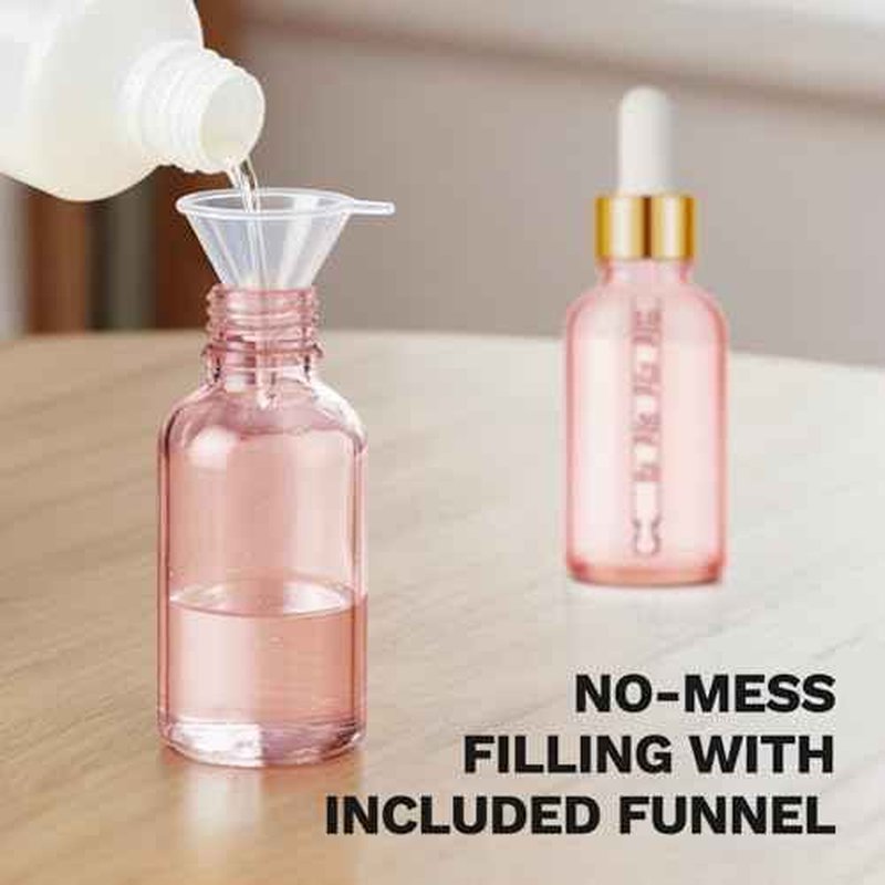 Bumobum 1 oz Dropper Bottle, Pink Glass Dropper Bottle with Measured Dropper & Golden Cap, Empty Eye Tincture Bottles with Funnel & Labels for Essential Oils Serums Tavel Liquids, 4 Pack