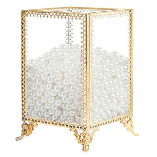 PuTwo Vintage Makeup Brush Holder Glass and Brass Organizer Handmade Cosmetic Brush Storage with White Pearls for Dresser Vanity Countertop - Gold