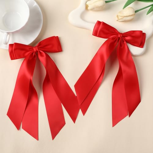 LuSeren 2 PCS Double Layer Hair Bows Red Hair Ribbon Clips Ponytail Holder Accessories for Women Girls Toddlers Teens Kids