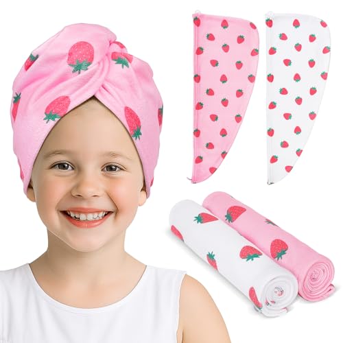 Unicorn Castle Microfiber Hair Towel for Kids 2Pack Hair Wrap Towels Absorbent Hair Drying Towel Wrap Hair Turbans for Curly Thick Hair, Pink White Strawberry