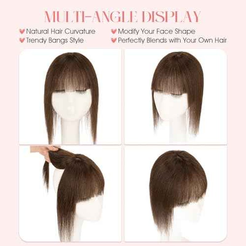 Hairro Mono Hair Toppers with Bangs, 3.4" x 3.4" Mono Base 100% Real Human Hairpieces for Women, 150% Density Clips In Topper for Greyish Thinning Hair, 6 Inch Dark Brown