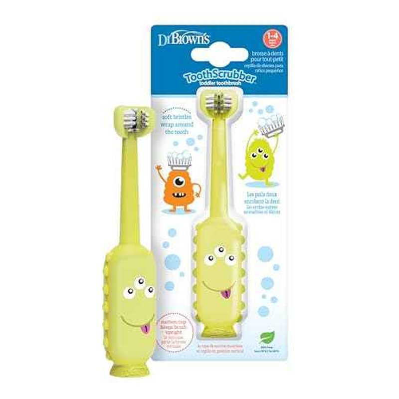 Dr. Brown's ToothScrubber Toddler Toothbrush, Triple-Sided Training Toothbrush with Suction Cup Base, Green Monster, Baby Oral Care, Ages 1-4 Years