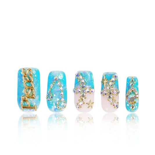LOVFUL Press on Nails Pisces Blue French Tip| Handmade with Full Covered Crystals | Reusable Fake Nails | Square Regular 1.0 in | H157L