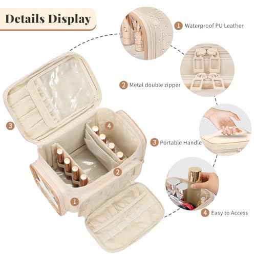 Large Makeup Bag, Portable Travel Makeup Bag Organizer for Women Girls with Makeup Brush Compartment & Two Side Pockets, Cosmetic Travel Bag Vertical Storage Toiletry - White