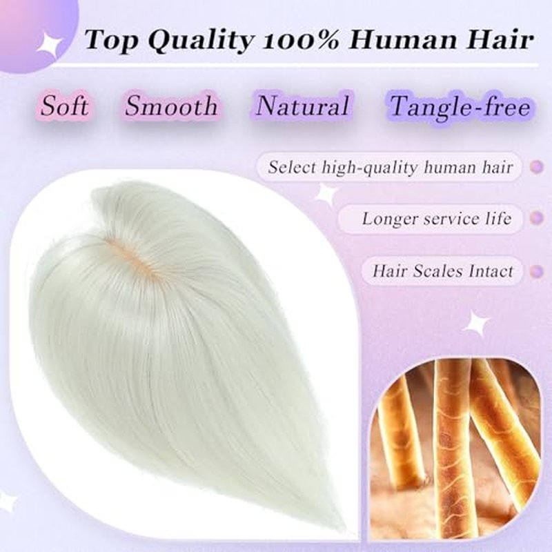 Hair Toppers for Women Real Human Hair£¬ 360¡Æ 3D Cover Hair Topper Clip in Bangs 10 Inch Realistic Scalp Pieces for Women with Thinning Crown (Silver White, Side Bangs)