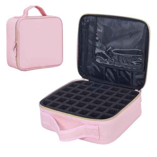 Nail Polish Organizer Case - PU Leather Portable Cosmetic Bag Hold 42 Bottles (15 ml/0.51 floz) with Removable Partition (Pink)