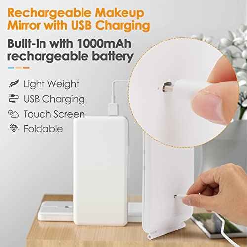 Rechargeable Travel Makeup Mirror 72 LED Lighted Compact Slim Vanity with Lights 3 Lighting Modes Dimmable Touch Screen (White),(DenCert)