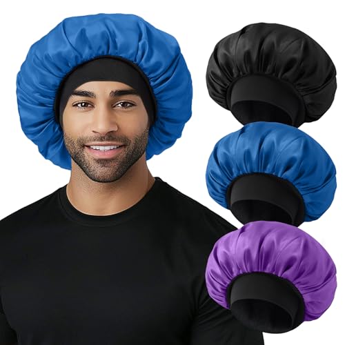 3Pcs Satin Bonnets for Men, Hair Bonnet for Sleeping Women Soft Elastic Band Silk Sleep Bonnet for Curly Hair Braids