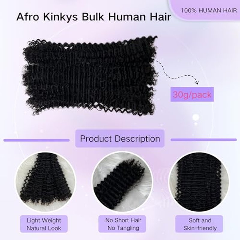 Afro Kinkys Bulk Human Hair 30g/Pack for Mini Twist, Braiding Hair for Dreadlocks, Loc Repair, Dreadlock Extensions Human Afro kinkyhair Bulk for Twists Natural Black 22 Inch