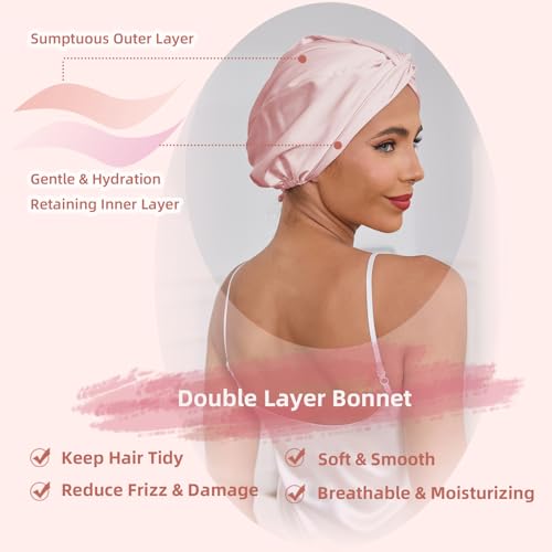 Adjustable Silk Satin Hair Bonnet for Sleeping Women, Double Layer, Silk Hair Wrap for Sleeping Women Men, Curly Natural Braid Straight Unisex - Pink
