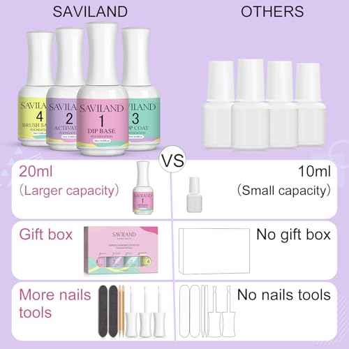 SAVILAND Dip Powder Liquid Set: 20 ml Ultimate Nail Dip System Essentials Liquid Large Capacity Dipping Base Activator Top Coat Brush Saver No Curing Needed for DIY Home Manicure