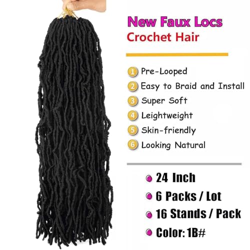 24 Inch Soft Locs Crochet Hair Pre Looped 6 Packs Faux Locs Crochet Braids Goddess Locs Dreadlocs Synthetic Hair For Black Women (1B, 24 Inch (Pack of 6))