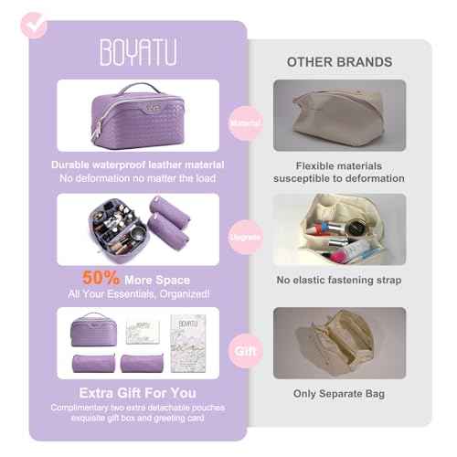 BOYATU Travel Makeup Bag Cosmetic Bags for Women: Large Capacity 3 Pcs Set Make up Bag with Compartments - Waterproof Vegan Leather Toiletry Organizer Bags with Handle - Travel Essentials(L01 Purple)