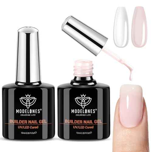 modelones Builder Nail Gel, 2 Pcs Clear and Cover Nude Builder Nail Polish, 8-in-One Apex Building Thickening Strengthener Extension Rubber Color Base Gel for DIY Home Salon Gifts LED Lamp Cured 10ml