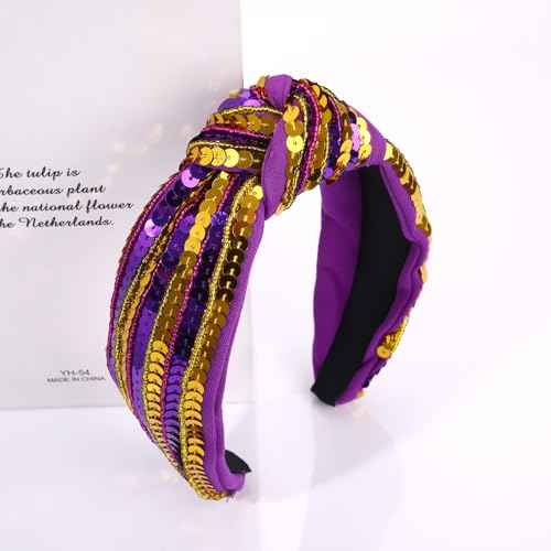 Game Day Sequin Headband Football LUS Tigers Team Spirit Purple Gold Sequins Top Knot Hairband Sports Football Mom Headband Hair Accessories Game Day Outfit