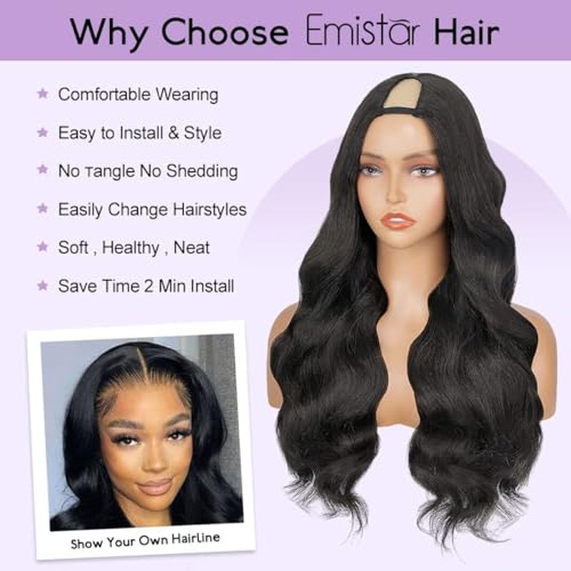 Wavy V Part Wig Wear And Go Glueless Upgrade U Part Wig Body Wave Natural Black Synthtic Hair Soft As Human Hair Half Wigs For Black Women 180% Density (Natural Color, 24 Inch)