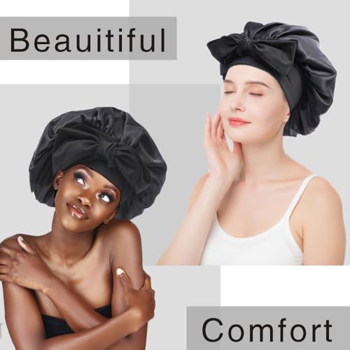Silk Bonnet for Sleeping Women, Ajustable Hair Bonnet for Curly Hair with Tie Band Shower Caps Black£¬Large