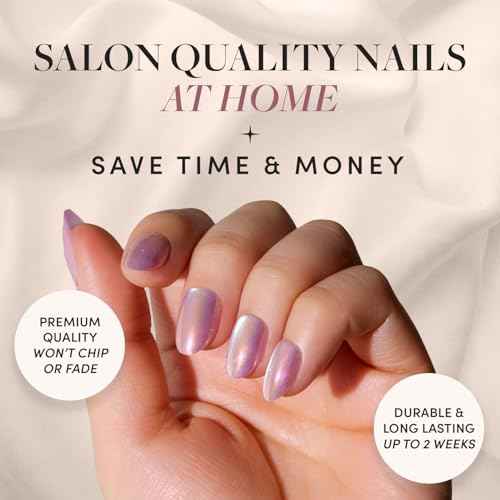 Glamnetic Press On Nails - Oyster | Short Oval Cat Eye Fake Nails with a Velvet Pearlescent Finish, Salon Quality Summer Nails | 15 Sizes - 30 Nail Kit with Glue