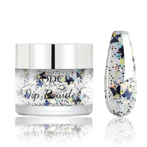 Nail Dip Powder Colors, Butterfly Glitter Silver - DIY Nail Art Starter Kit - No Lamp Needed - 1 oz