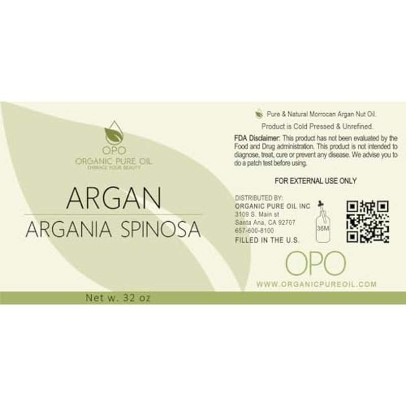 OPO Moroccan Argan Oil - Pure Unrefined Extra Virgin Cold Pressed Non GMO Bulk 32 oz - 1 Quart Carrier Oil for Hair Skin Face Body Nails Locs Lashes Facial Hair Beard & More Hydrating Argon