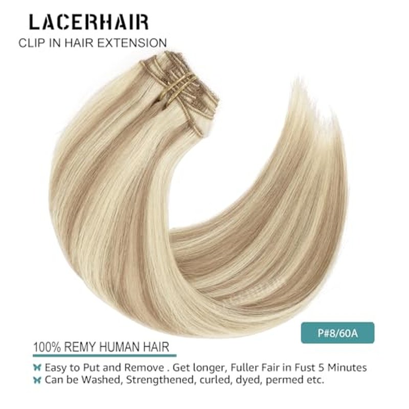 Lacer Clip In Hair Extensions Real Human Hair Soft Virgin Light Brown Highlighted Platinum Blonde Human Hair Clip in Extensions Thick Full Head 120g 7 Pieces 18 Inch