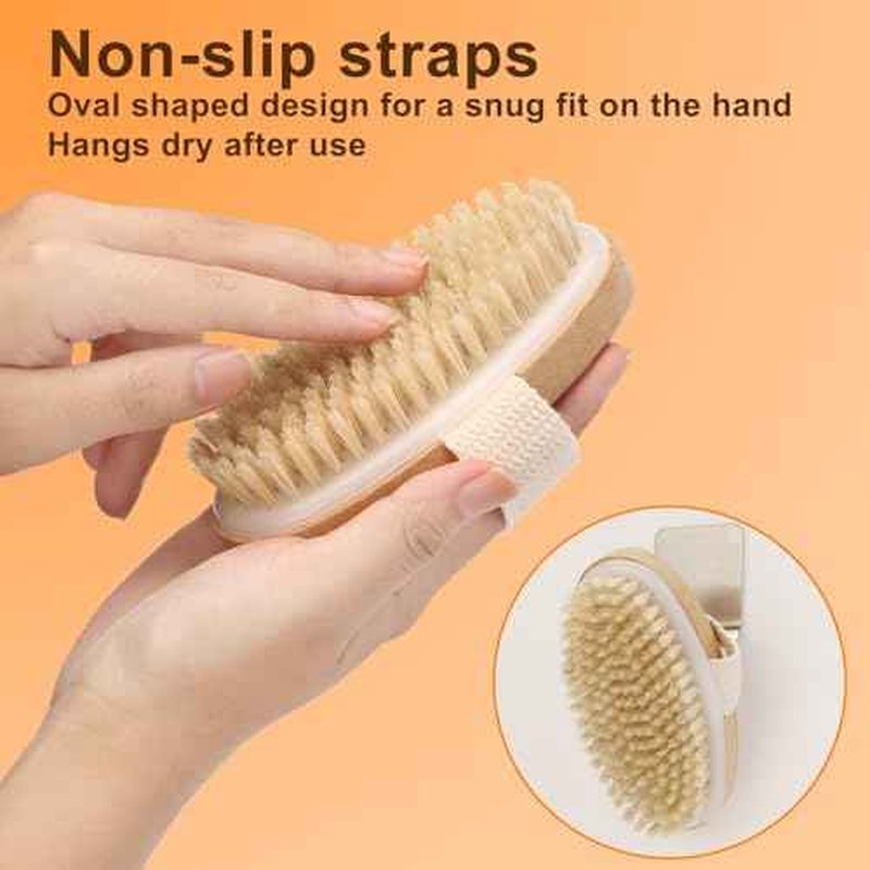 2Pcs Natural Bristle Exfoliating Brush, Body Scrubber for Lymphatic Drainage, Blood Circulation, Wet and Dry Brush, Deep Exfoliation for Smooth Skin