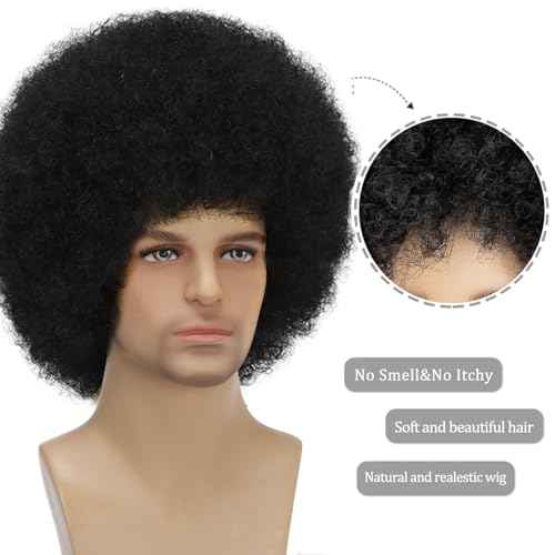 Afro Wig for Men Short Fluffy Hair 70s Rock Disco Wigs for Male,Rocker Costume Mens Wigs Natural Looking Synthetic Hair for Halloween Party Daily Use