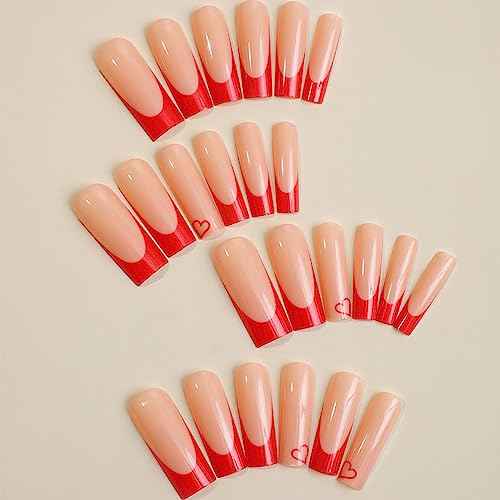 Red French Nails Tips Ballerina False Nails Long Square Press on Nails Full Cover Acrylic Fake Nails for Women and Girls 24PCS