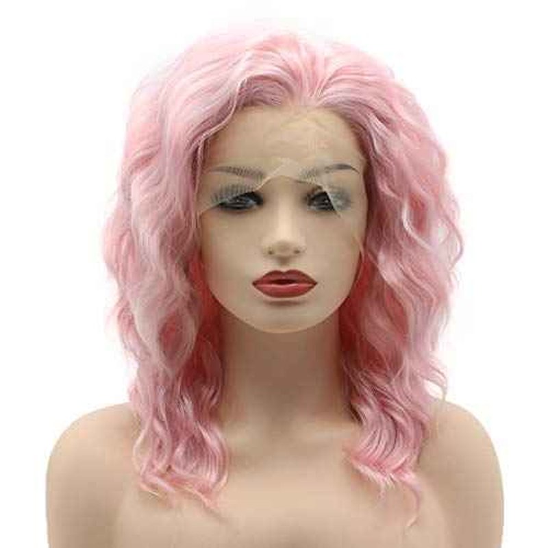 Hair Curly Short 14inch Pink Wig Heavy Density Realistic Synthetic Lace Front Wigs