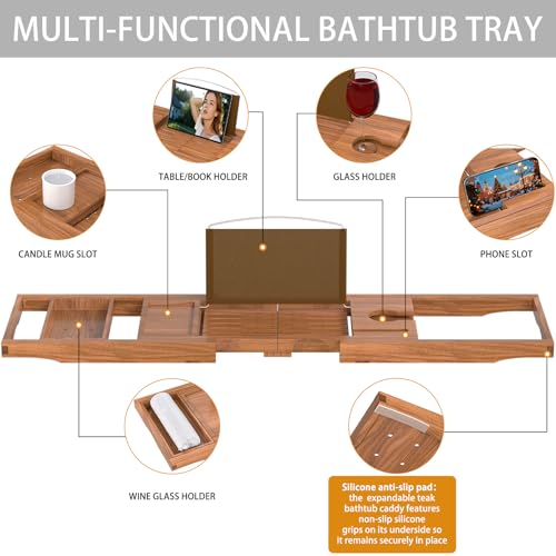 Premium Teak Bathtub Tray Caddy, Expandable Wooden Bath Tray for Tub,Luxury Bathroom Accessories,Great House Warming, Anniversary & Wedding and Birthday Gifts