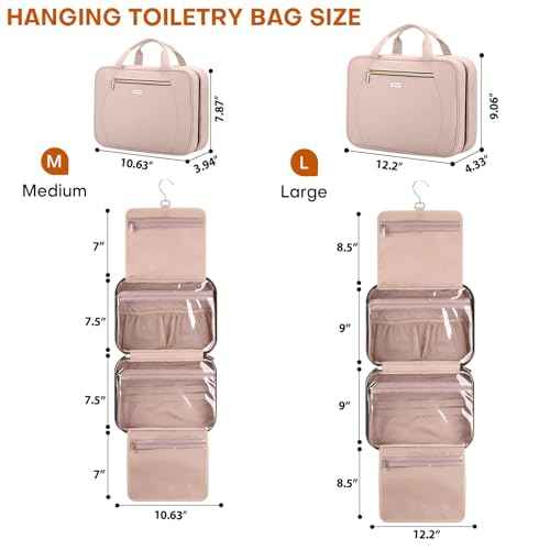Hanging Toiletry Bag for Women Travel, 2 Sizes Large & Small Waterproof Cosmetic Organizer with 4 Compartments, Rotating Hook, Foldable Pink Travel Bag for Toiletries & Makeup - Medium Pink